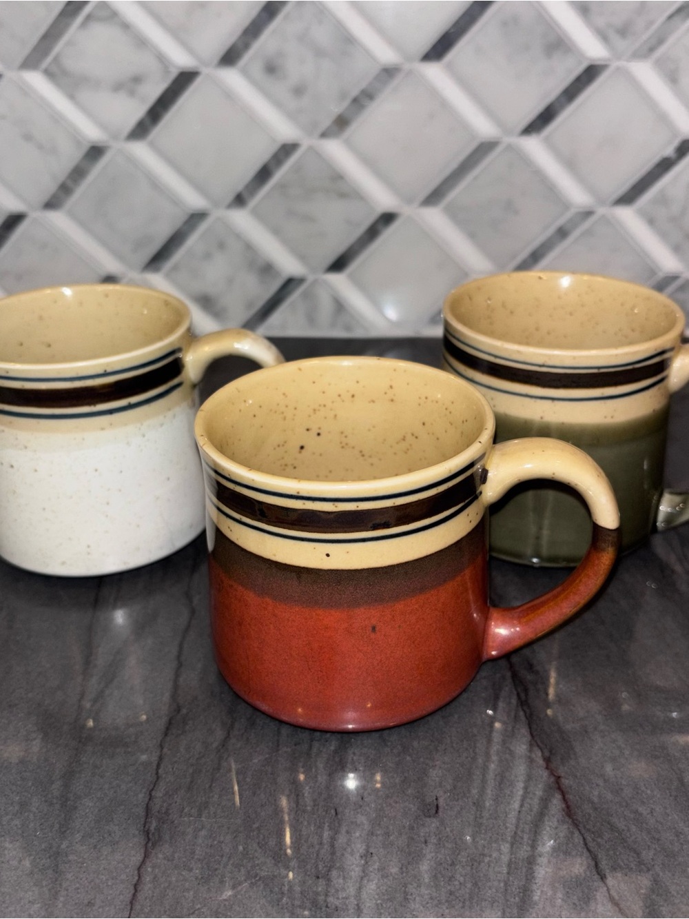 Otagiri Japan vintage coffee mugs green orange cream stripes shimmer set of 3